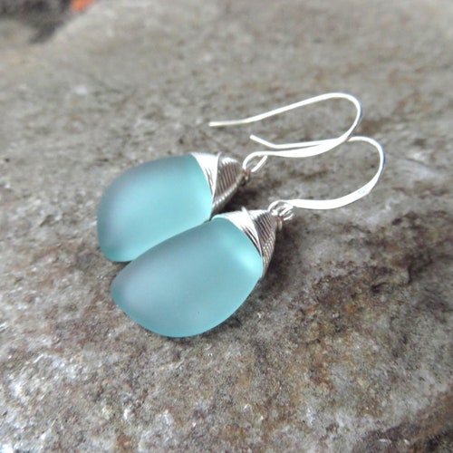 Sea glass seaglass earrings or necklace with silver wire wrap Beach Jewelry