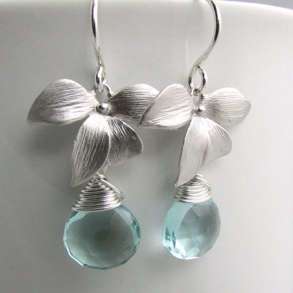 Aqua marine blue quartz semi precious gemstone earrings crystal silver flower drops bridesmaid jewelry