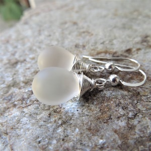 Clear sea glass earrings - teardrop beach jewelry - minimalist tiny earrings
