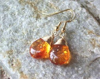 orange drop earrings,  glass teardrop,  gold wire wrapped jewelry