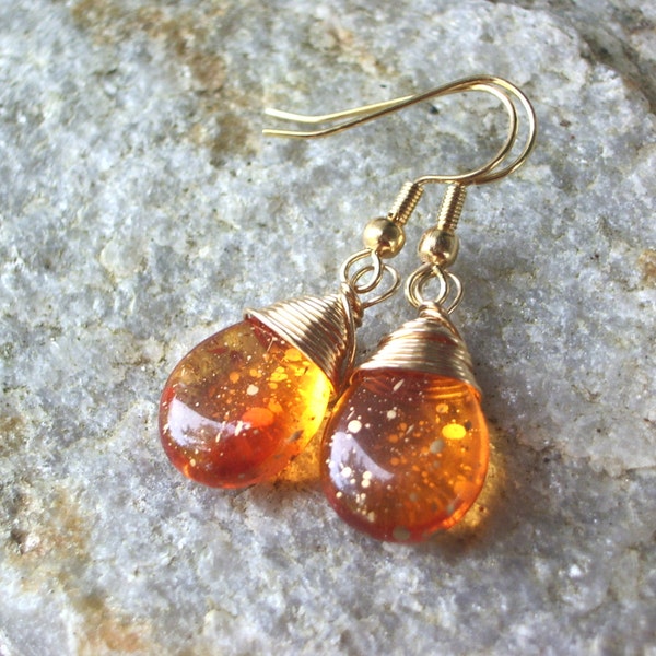 orange drop earrings,  glass teardrop,  gold wire wrapped jewelry