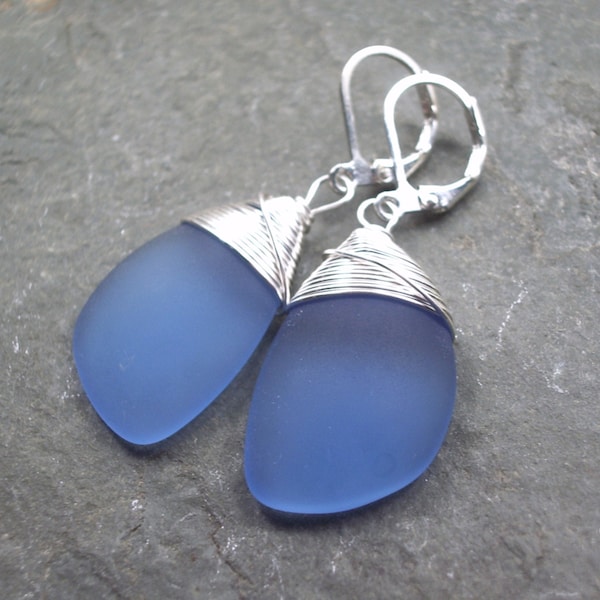 Sapphire blue sea glass earrings - silver lever back ear wires