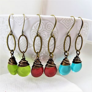 long vintage wire wrapped earrings - Czech glass  teardrop beads - choice of teal, green or wine