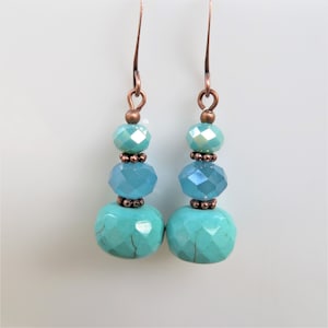 Turquoise Gemstone Earrings - Antique copper jewelry - tall French ear wires