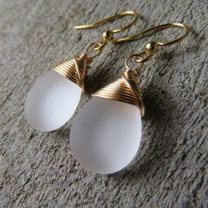 white sea glass earrings - wire wrapped - teardrops - frosted clear jewelry