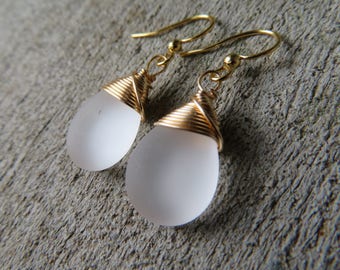 Frosty white earrings opaque glass smooth teardrop white jewelry gold wire wrapped
