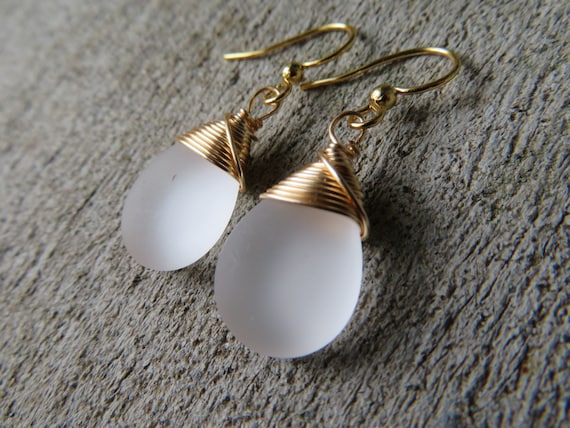 wire wrapped jewelry choice of Sterling silver or 14 k gold filled. white sea glass earrings