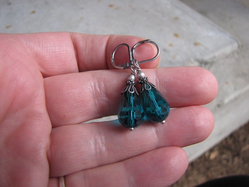 minimalist glass teardrop stainless steel lever back ear wires Victorian style Teal earrings antique style dark silver