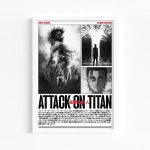 Pode incluir: Pôster em preto e branco de Attack on Titan com Eren Yeager e outros personagens. O pôster inclui texto japonês e inglês, com o título "Attack on Titan" em destaque.