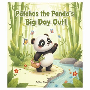 Puede incluir: Portada de libro infantil con un panda sonriente de pelaje blanco y negro, sosteniendo una cesta de picnic y saludando. El título es "Patches the Panda's Big Day Out!" con bambúes y mariposas en el fondo.