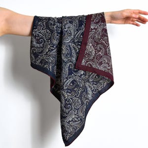 Paisley Wool Silk Neck Scarf, Double Face 65cm Burgundy&Navy Blue Square Silk Bandana, Vintage Cozy Pocket Scarf Gift for Women Men