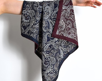 Paisley Wool Silk Neck Scarf, Double Face 65cm Burgundy&Navy Blue Square Silk Bandana, Vintage Cozy Pocket Scarf Gift for Women Men