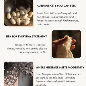 May include: An informational graphic with the text "WHY STILLSILK" at the top. The graphic includes images of silk cocoons, silk being handled, and a close-up of silk threads. Text describes the silk as soft, breathable, and versatile.