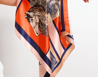 100% Pure Mulberry Silk Scarf, Horses Animal Print Satin Bandana, 27 Inch 68x68cm Square Neckscarf, Lightweight Real Silk Ponytail Scarf