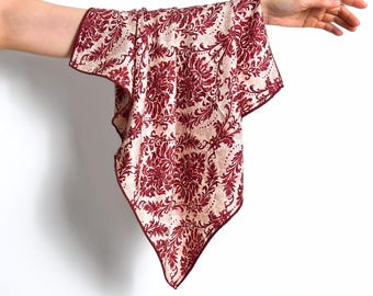 Mulberry Silk Wool Blend Scarf, Red Vintage Floral Square Bandana, 65cm Soft Warm Neck Scarf,  Paisley Neckerchief Gift for Mom