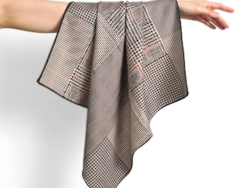Houndstooth Wool Silk Scarf, Dark Brown Rust Patchwork, 65cm Square Silk Wool Bandana, Luxury Neckerchief, Cozy Neck Scarf Women