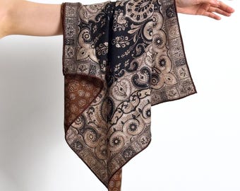 Wool Silk Scarf, Paisley Rose Print Warm Soft Neck Scarf, 26 inch 65*65cm Luxury Square Bandana for Women, Double Face Shawl Cozy Scarf Gift