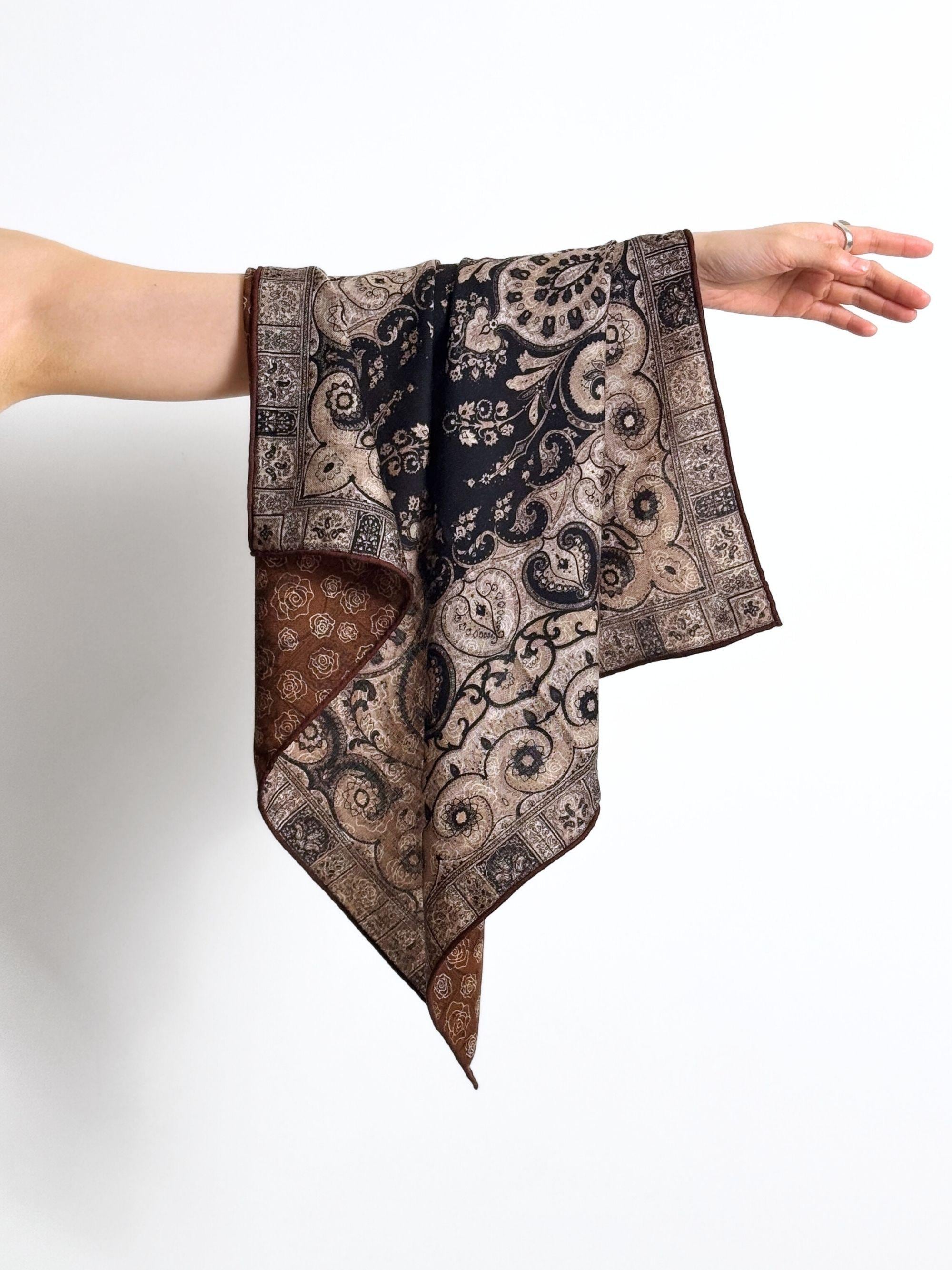 Brown Paisley Silky Scarf  Wool Silk Paisley Scarf in Olive, Ochre & Brown – Seaward  main image 3