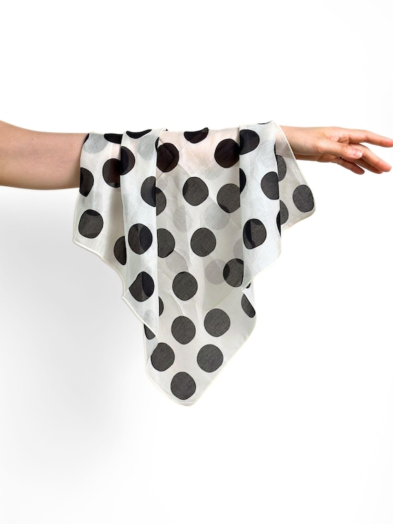 Black White Polka Dot Silk Cotton Blend Scarf, 55cm French Vintage Bandana for Women, Retro Silk Headscarf Neckerchief, Chic Handbag Scarf