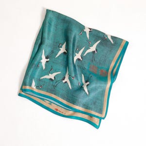 100% Mulberry Silk Scarf, Crane Bird Print Luxury Silk Neckscarf, Chinese Green Vintage Square Scarf, 70x70cm Oriental Silk Satin Bandana