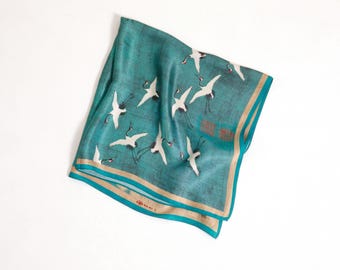 Bufanda de seda 100 % morera, pañuelo de seda de lujo con estampado de grullas, pañuelo cuadrado vintage verde chino, bandana de satén de seda oriental de 70 x 70 cm.