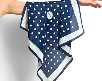 Navy Blue Polka Dot Mulberry Silk Scarf, 65cm Crepe de Chine Vintage Bandana Scarf, Square Silk Headscarf,Neckerchief Bag Scarf Gift for her