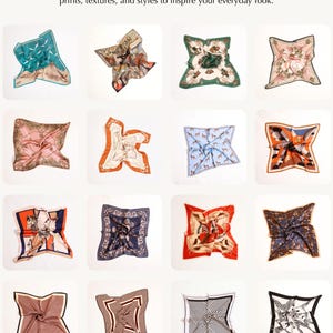 May include: A collection of silk scarves in various colors and patterns, including floral, geometric, and animal prints. The scarves are square-shaped and displayed on a white background. Text on the image reads "VISIT OUR SHOP FOR MORE SILK PIECES".