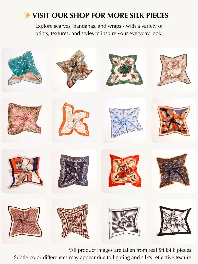 May include: A collection of silk scarves in various colors and patterns, including floral, geometric, and animal prints. The scarves are square-shaped and displayed on a white background. Text on the image reads "VISIT OUR SHOP FOR MORE SILK PIECES".