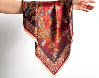 Bufanda vintage china de seda morera con fresco, pañuelo de cuello de 55 cm con estampado artístico del Fénix inspirado en la Ruta de la Seda, pañuelo de bolsillo pequeño cuadrado tipo bandana, regalo.