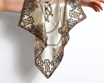 100% Mulberry Silk Scarf with Leopard and Chain Print, 50cm Small Square Silk Neckerchief, Luxury Creamy White Silk Bandana for Women