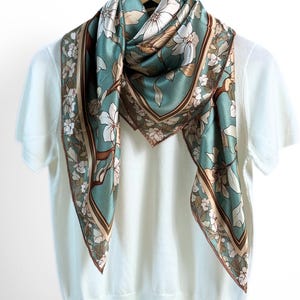 100% Mulberry Silk Scarf, Dusty Teal Magnolia Birds Scarf, 41" 105cm Large Square Silk Satin Shawl, Green Floral Silk Wrap for Mom Grandma