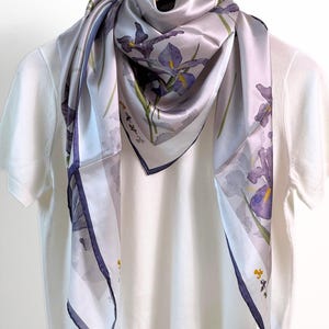 100% Mulberry Silk Scarf, Purple Iris Watercolor Floral Silk Satin Shawl, 41" 105cm Large Square Oversized Art Silk Wrap for Mom Grandma