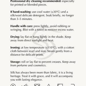 May include: A care guide with instructions for cleaning silk items. The text includes recommendations for dry cleaning, hand washing, drying, ironing, and storage. Symbols for dry clean, hand wash, do not tumble dry, do not bleach, dry flat in shade, and low heat are also present.