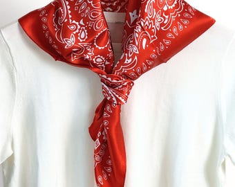 100% Mulberry Silk Scarf, Classic Red Paisley Bandana, 26" 65cm Square Silk Satin Neck Scarf, Elegant Retro Neckerchief Gift for Women