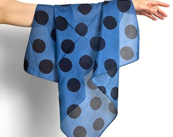Polka Dot Mulberry Silk Cotton Blend Scarf, Denim Blue Vintage Bandana Scarf, 65cm Square Neckerchief, Silk Headscarf, Handbag Scarf