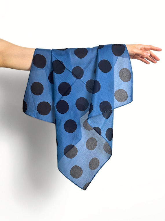 Polka Dot Mulberry Silk Cotton Blend Scarf, Denim Blue Vintage Bandana Scarf, 65cm Square Neckerchief, Silk Headscarf, Handbag Scarf