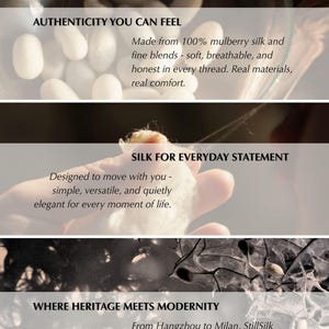 May include: An advertisement for StillSilk featuring white silk cocoons in a glass bowl, a hand holding silk fibers, and text. The text highlights the authenticity, everyday statement, and modernity of the silk.