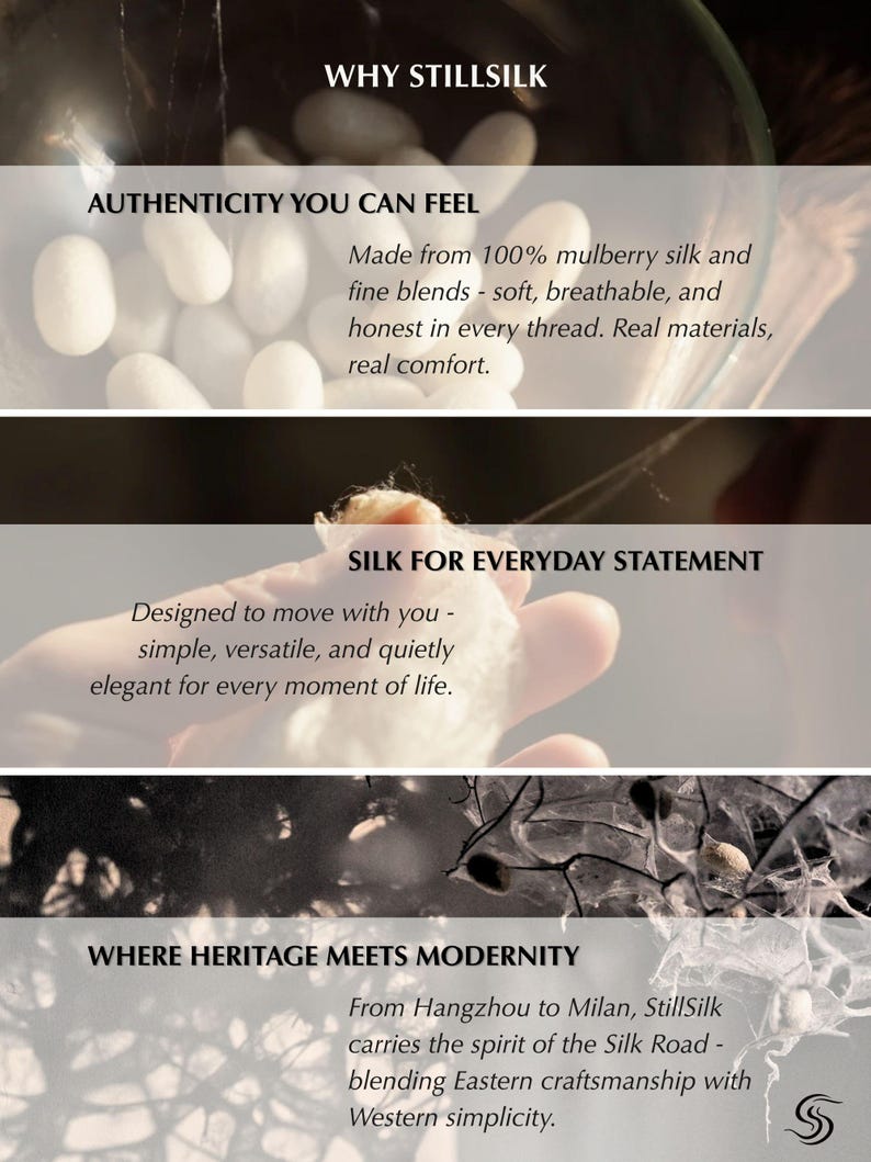 May include: An advertisement for StillSilk featuring white silk cocoons in a glass bowl, a hand holding silk fibers, and text. The text highlights the authenticity, everyday statement, and modernity of the silk.