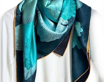 Sciarpa di lusso reversibile con stampa floreale verde acqua e oro, 100% seta di gelso, 110 x 110 cm, grande scialle vintage in seta Xiangyun Sha per donna