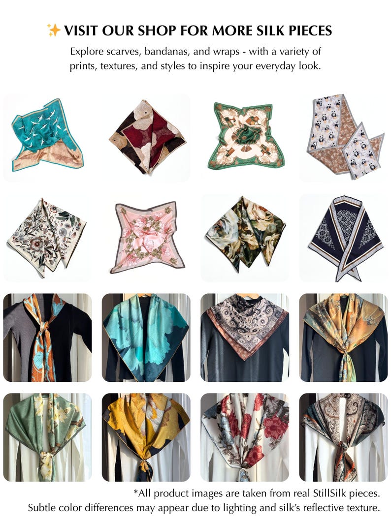 May include: A collection of silk scarves and wraps in various colors and patterns. The image includes scarves with floral, geometric, and nature-inspired designs. Text reads "VISIT OUR SHOP FOR MORE SILK PIECES" and "Explore scarves, bandanas, and wraps - with a variety of prints, textures, and styles to inspire your everyday look."