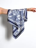 Mulberry Silk Wool Blend Scarf Women, Reversible Double Sided Blue Botanical Floral Square Bandana 65cm, Elegant Birthday Scarf Gift for Her product logo