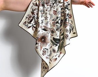 Wool Silk Botanical Shawl Scarf, Flower Print Neckerchief 65x65cm Bandana Wrap, Pure Mulberry Silk Blend Soft Square Scarf for Women