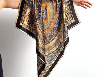 Bufanda 100% seda morera, estilo art déco geométrico en negro y dorado, cuadrada de 70 cm, estilo egipcio, para mujer, ideal para la cabeza, bolso o bolso.