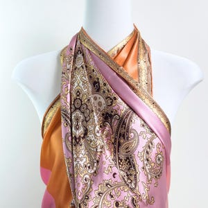 100% Mulberry Silk Scarf, Vintage Paisley Silk Satin Large Square Shawl, Pink Orange Color Block Shoulder Wrap Evening Scarf Gift 110cm
