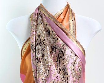 100% Mulberry Silk Scarf, Vintage Paisley Silk Satin Large Square Shawl, Pink Orange Color Block Shoulder Wrap Evening Scarf Gift 110cm