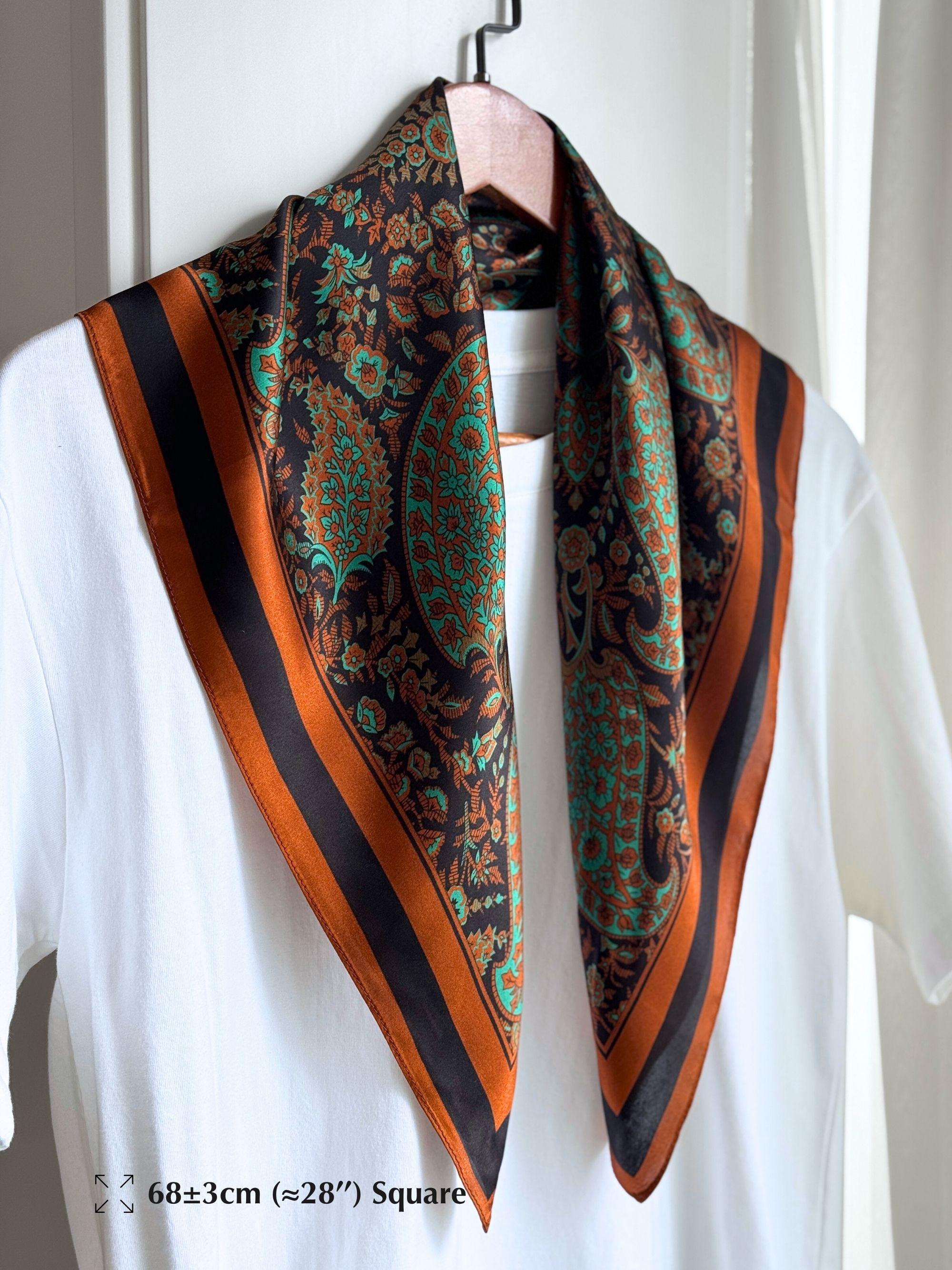 100% Silk Scarf Women Vintage Green Flower Paisley Square – 68x68cm, Bohemian
