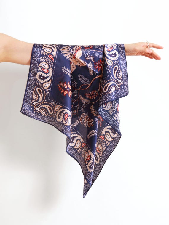 100% Pure Mulberry Silk Scarf, Navy Blue Vintage Bird  display picture 2