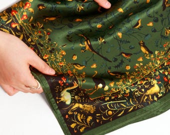 Maulbeerseidenschal Frauen, dunkelgrün Blumen Vögel Druck quadratisches Halstuch 65 cm, 100% echte Seide Bandana Halstuch Geschenk für Oma