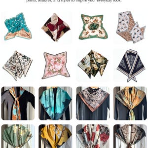 May include: A collection of silk scarves and bandanas in various colors and patterns. The image showcases a variety of designs, including floral, geometric, and nature-inspired prints. The text reads: "VISIT OUR SHOP FOR MORE SILK PIECES" and "Explore scarves, bandanas, and wraps - with a variety of prints, textures, and styles to inspire your everyday look."