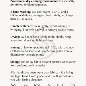 May include: A care guide for silk items, with instructions for dry cleaning, hand washing, drying, ironing, and storage. Includes symbols for dry clean, hand wash, do not tumble dry, do not bleach, dry flat in shade, and low heat.